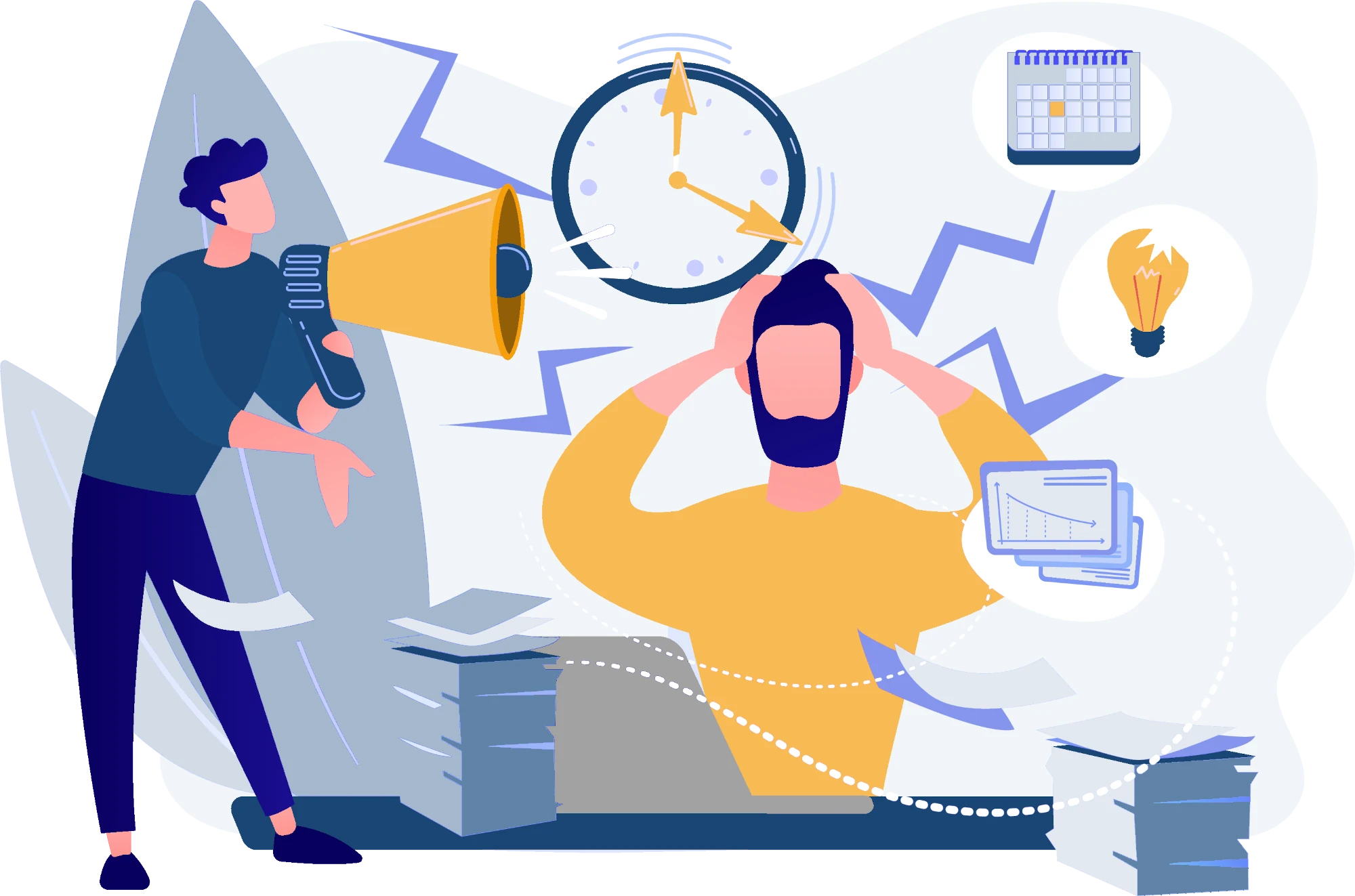 Illustration of an irritated man with piles of documentation. The clock is ticking above him.